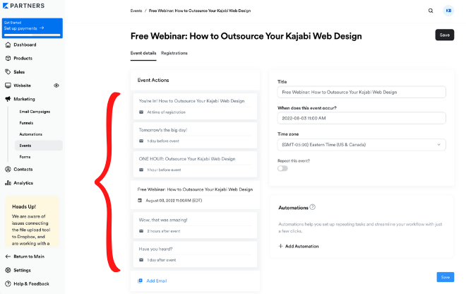 kajabi event email setup